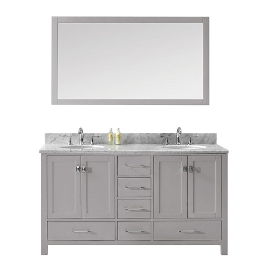 Virtu USA Caroline Avenue 60" Double Bathroom Vanity in Cashmere Grey w/ Marble Top & Round Sink w/ Mirror