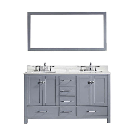 Virtu USA Caroline Avenue 60" Double Bathroom Vanity Set in Grey w/ Italian Carrara White Marble Counter-Top