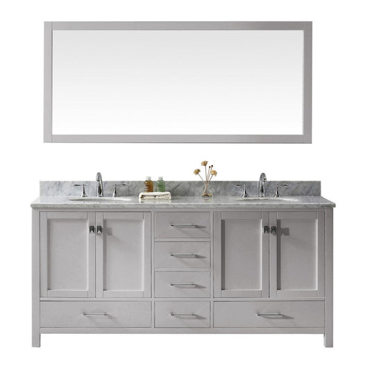 Virtu USA Caroline Avenue 72" Double Bathroom Vanity in Cashmere Grey w/ Marble Top & Round Sink w/ Mirror