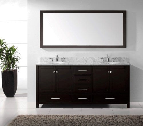Virtu USA Caroline Avenue 72" Double Bathroom Vanity Cabinet Set in Espresso w/ Italian Carrara White Marble Counter-Top, Round Basin