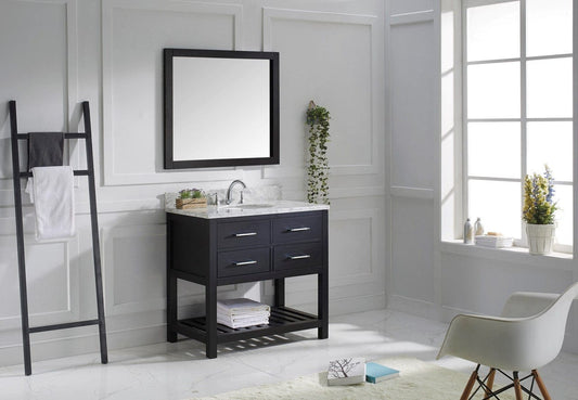 Virtu USA Caroline Estate 36" Single Bathroom Vanity Cabinet Set in Espresso w/ Italian Carrara White Marble Counter-Top, Round Basin