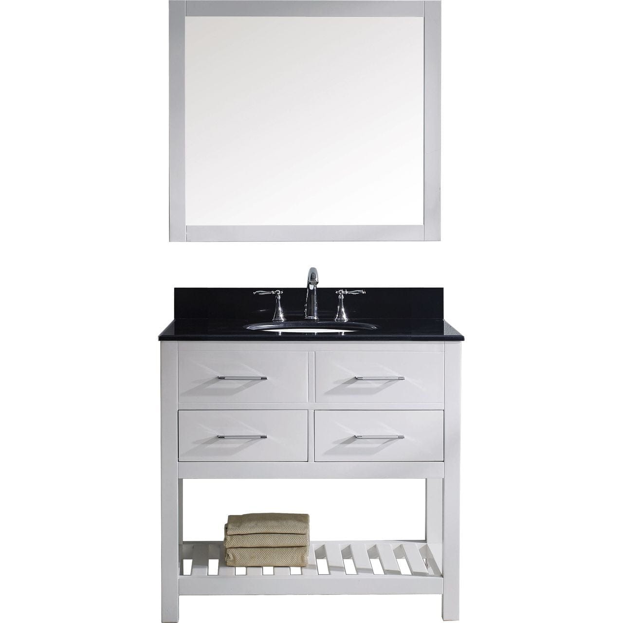 Virtu USA Caroline Estate 36" Single Bathroom Vanity Set in White w/ Black Galaxy Granite Counter-Top | Round Basin