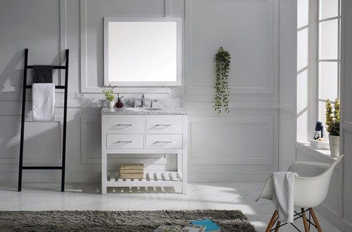 Virtu USA Caroline Estate 36" Single Bathroom Vanity Cabinet Set in White w/ Italian Carrara White Marble Counter-Top, Round Basin