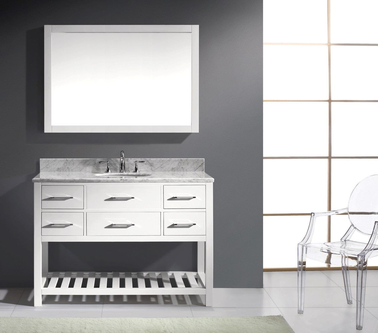 Virtu USA Caroline Estate 48" Single Bathroom Vanity Cabinet Set in White w/ Italian Carrara White Marble Counter-Top, Round Basin