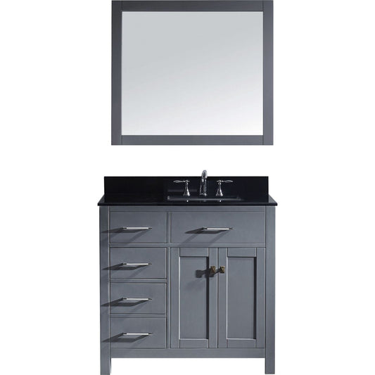 Virtu USA Caroline Parkway 36" Single Bathroom Vanity Set in Grey w/ Black Galaxy Granite Counter-Top | Square Basin