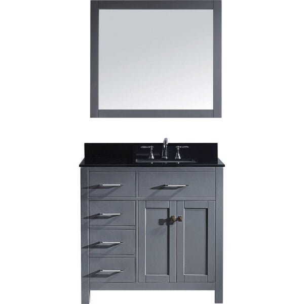 Virtu USA Caroline Parkway 36 Single Bathroom Vanity Set in Grey w/ Black Galaxy Granite Counter-Top | Square Basin