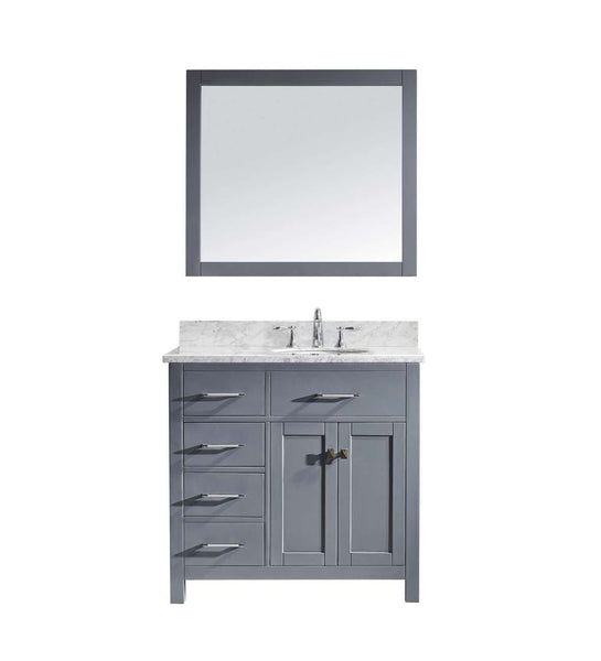 Virtu USA Caroline Parkway 36 Single Bathroom Vanity Set in Grey w/ Italian Carrara White Marble Counter-Top | Round Basin