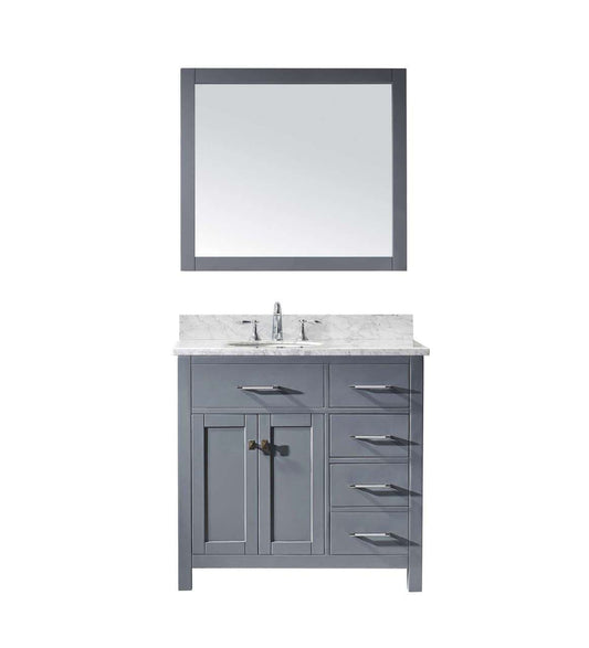 Virtu USA Caroline Parkway 36" Single Bathroom Vanity Set in Grey w/ Italian Carrara White Marble Counter-Top | Round Basin