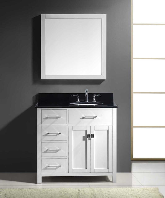 Virtu USA Caroline Parkway 36" Single Bathroom Vanity Set in White w/ Black Galaxy Granite Counter-Top | Round Basin