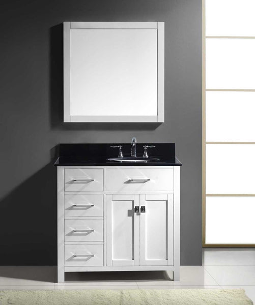 Virtu USA Caroline Parkway 36 Single Bathroom Vanity Set in White w/ Black Galaxy Granite Counter-Top | Round Basin