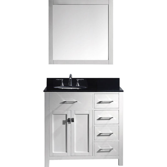 Virtu USA Caroline Parkway 36" Single Bathroom Vanity Set in White w/ Black Galaxy Granite Counter-Top | Round Basin