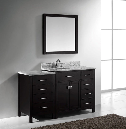 Virtu USA Caroline Parkway 57" Single Bathroom Vanity Cabinet Set in Espresso w/ Italian Carrara White Marble Counter-Top, Round Basin