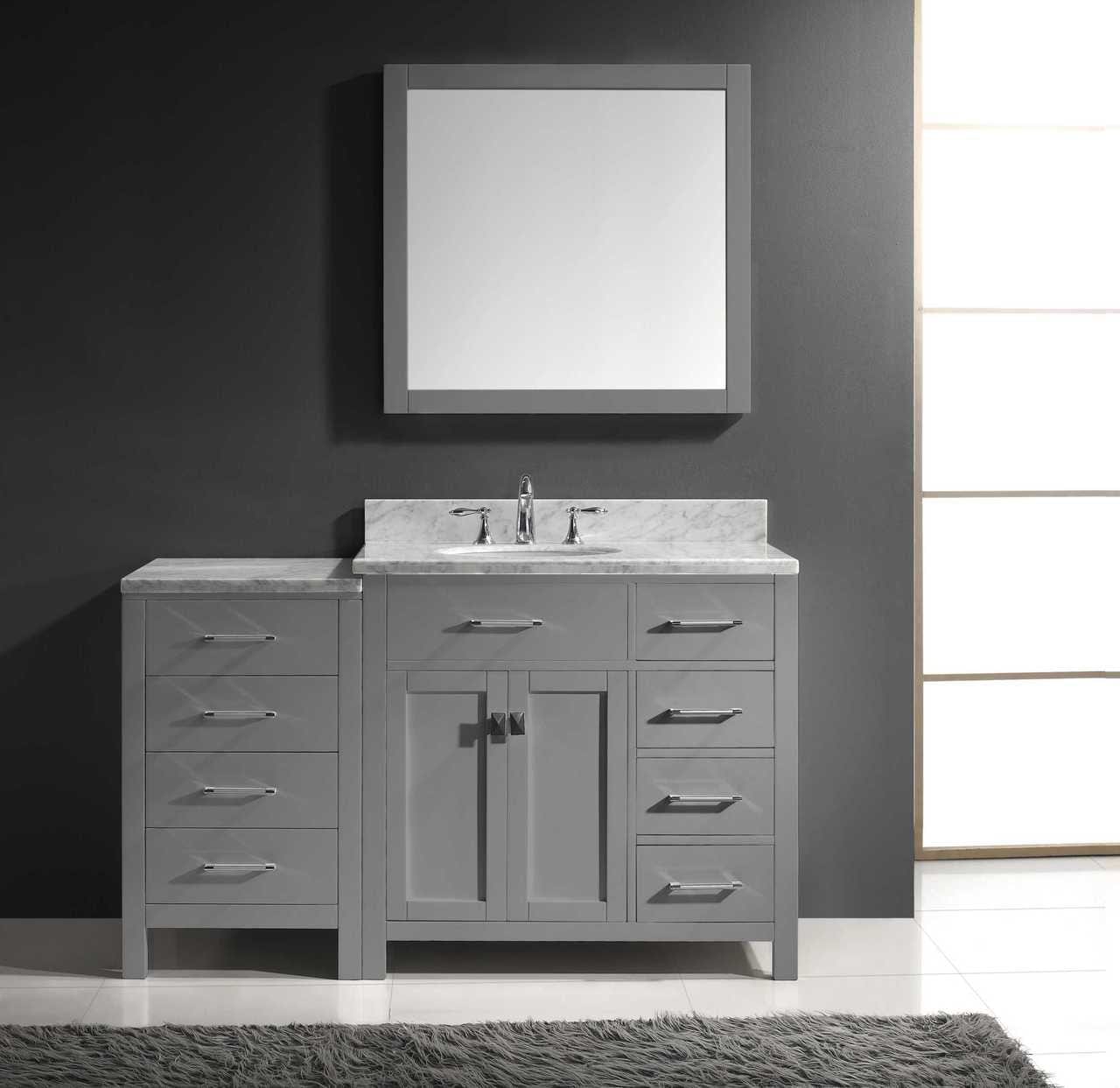 Virtu USA Caroline Parkway 57" Single Bathroom Vanity Set in Grey w/ Italian Carrara White Marble Counter-Top | Round Basin