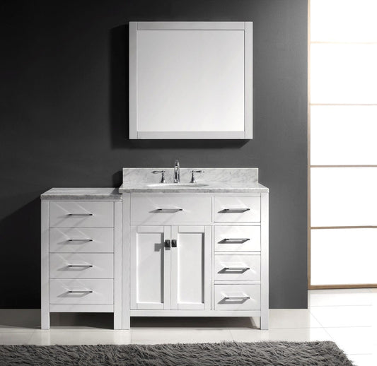 Virtu USA Caroline Parkway 57" Single Bathroom Vanity Cabinet Set in White w/ Italian Carrara White Marble Counter-Top, Round Basin