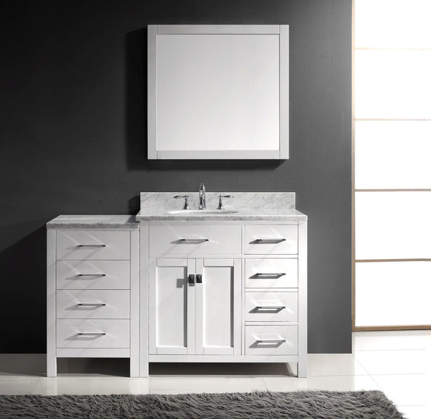 Virtu USA Caroline Parkway 57 Single Bathroom Vanity Cabinet Set in White w/ Italian Carrara White Marble Counter-Top, Round Basin
