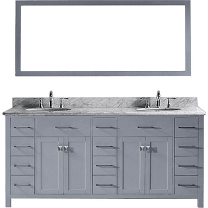 Virtu USA Caroline Parkway 72" Double Bathroom Vanity Set in Grey w/ Italian Carrara White Marble Counter-Top | Round Basin