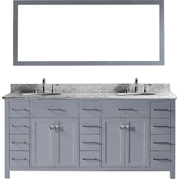 Virtu USA Caroline Parkway 72 Double Bathroom Vanity Set in Grey w/ Italian Carrara White Marble Counter-Top | Round Basin