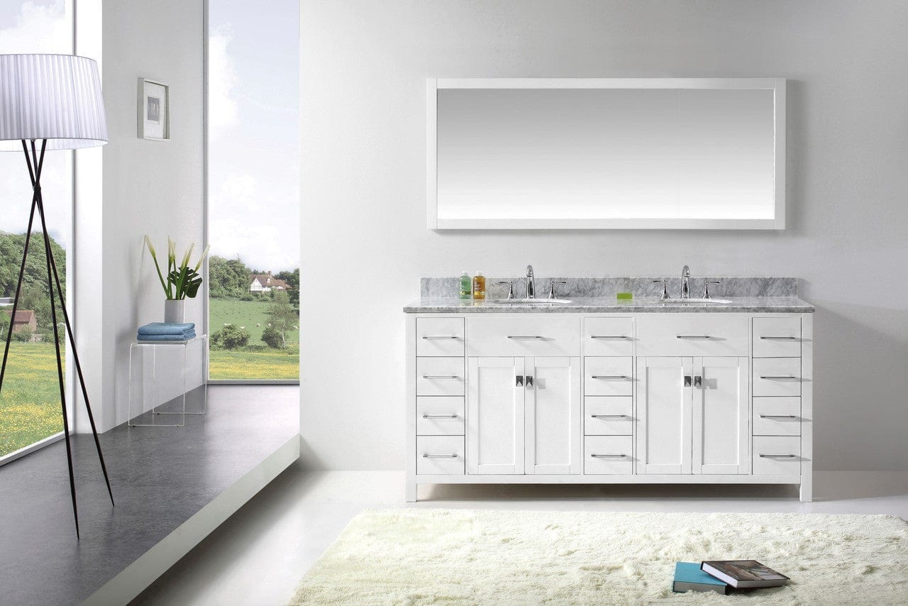 Virtu USA Caroline Parkway 72" Double Bathroom Vanity Cabinet Set in White w/ Italian Carrara White Marble Counter-Top, Round Basin