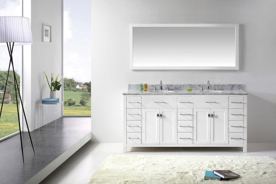Virtu USA Caroline Parkway 72 Double Bathroom Vanity Cabinet Set in White w/ Italian Carrara White Marble Counter-Top, Round Basin