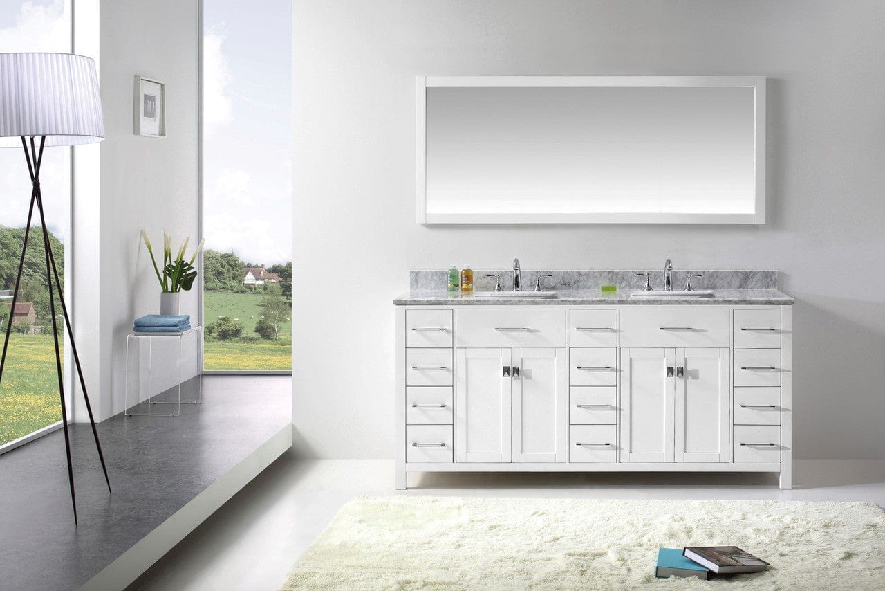 Virtu USA Caroline Parkway 72" Double Bathroom Vanity Cabinet Set in White w/ Italian Carrara White Marble Counter-Top