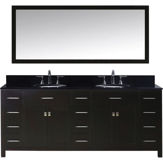 Virtu USA Caroline Parkway 78" Double Bathroom Vanity Set in Espresso w/ Black Galaxy Granite Counter-Top | Round Basin
