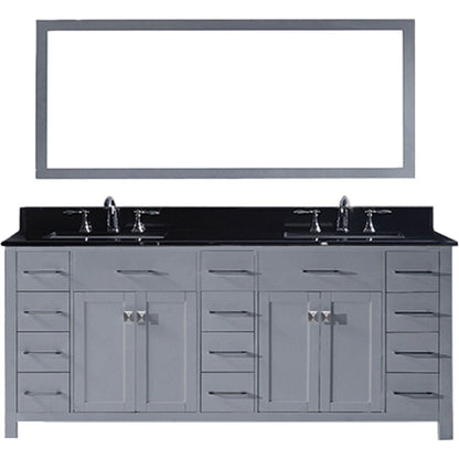 Virtu USA Caroline Parkway 78" Double Bathroom Vanity Set in Grey w/ Black Galaxy Granite Counter-Top | Square Basin