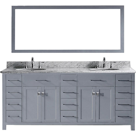 Virtu USA Caroline Parkway 78" Double Bathroom Vanity Set in Grey w/ Italian Carrara White Marble Counter-Top | Round Basin
