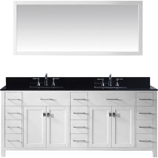 Virtu USA Caroline Parkway 78" Double Bathroom Vanity Set in White w/ Black Galaxy Granite Counter-Top | Square Basin