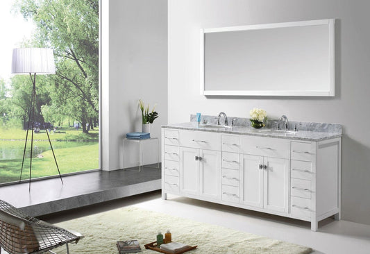 Virtu USA Caroline Parkway 78" Double Bathroom Vanity Cabinet Set in White w/ Italian Carrara White Marble Counter-Top, Round Basin