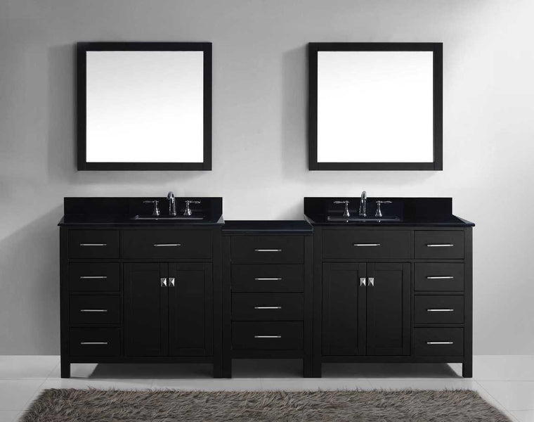 Virtu USA Caroline Parkway 93 Double Bathroom Vanity Set in Espresso w/ Black Galaxy Granite Counter-Top | Square Basin