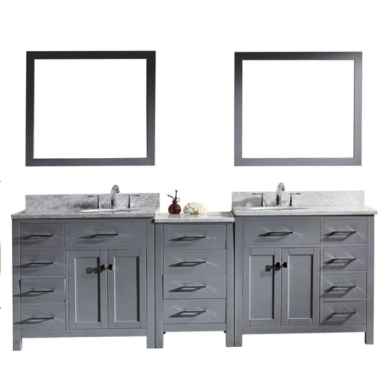 Virtu USA Caroline Parkway 93" Double Bathroom Vanity Set in Grey w/ Italian Carrara White Marble Counter-Top | Round Basin
