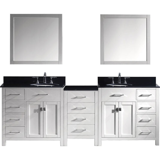 Virtu USA Caroline Parkway 93" Double Bathroom Vanity Set in White w/ Black Galaxy Granite Counter-Top | Round Basin