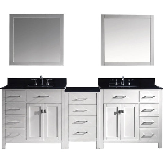 Virtu USA Caroline Parkway 93" Double Bathroom Vanity Set in White w/ Black Galaxy Granite Counter-Top | Square Basin
