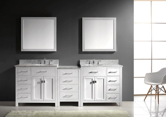 Virtu USA Caroline Parkway 93" Double Bathroom Vanity Cabinet Set in White w/ Italian Carrara White Marble Counter-Top, Round Basin