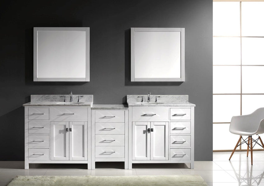Virtu USA Caroline Parkway 93 Double Bathroom Vanity Cabinet Set in White w/ Italian Carrara White Marble Counter-Top, Round Basin