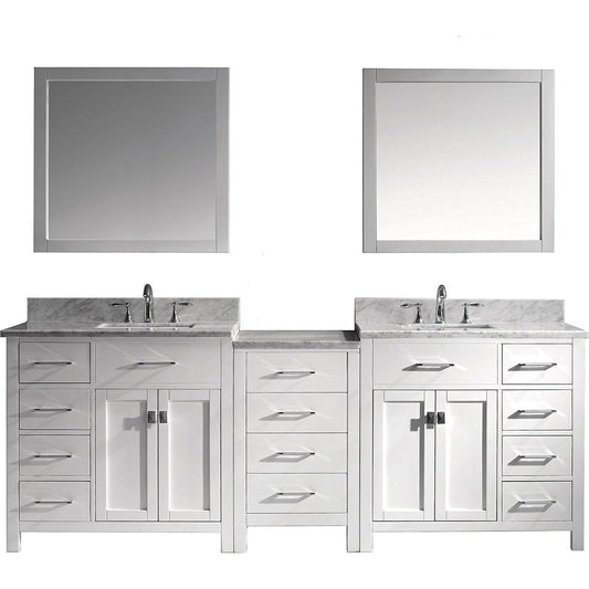 Virtu USA Caroline Parkway 93" Double Bathroom Vanity Cabinet Set in White w/ Italian Carrara White Marble Counter-Top