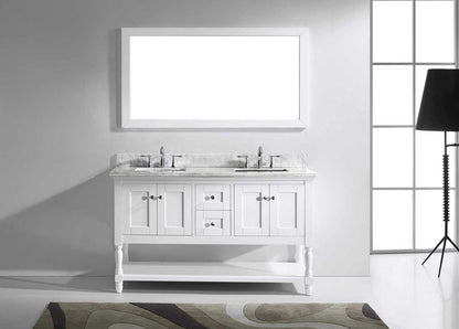 Virtu USA Julianna 60" Double Bathroom Vanity Set in White w/ Italian Carrara White Marble Counter-Top | Square Basin