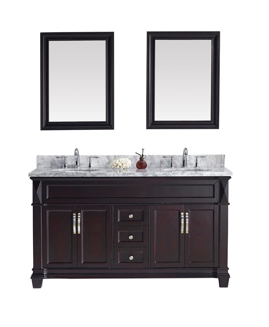 Virtu USA Victoria 60" Double Bathroom Vanity Cabinet Set in Espresso w/ Italian Carrara White Marble Counter-Top, Round Basin