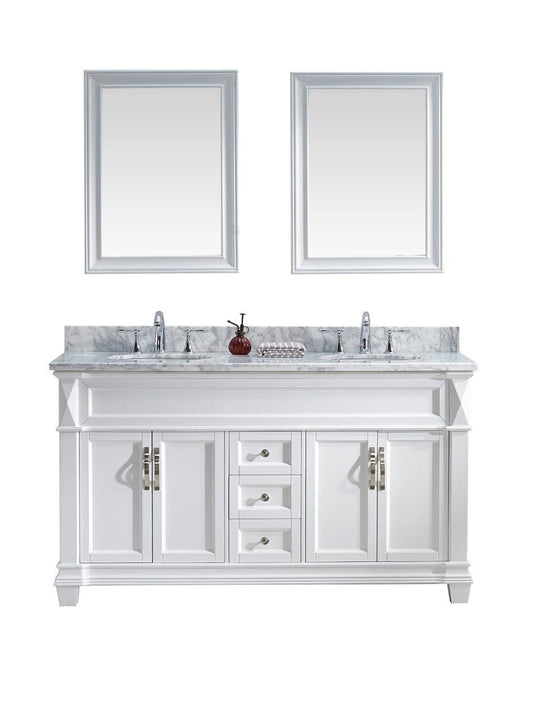 Virtu USA Victoria 60" Double Bathroom Vanity Cabinet Set in White w/ Italian Carrara White Marble Counter-Top, Round Basin