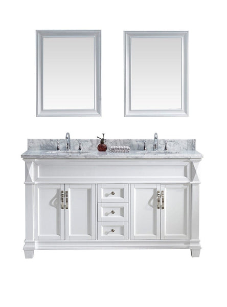 Virtu USA Victoria 60 Double Bathroom Vanity Cabinet Set in White w/ Italian Carrara White Marble Counter-Top, Round Basin
