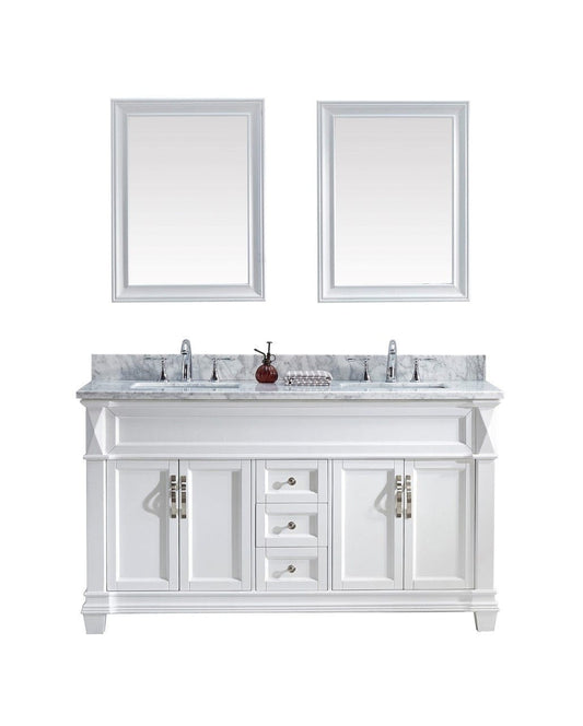 Virtu USA Victoria 60" Double Bathroom Vanity Cabinet Set in White w/ Italian Carrara White Marble Counter-Top