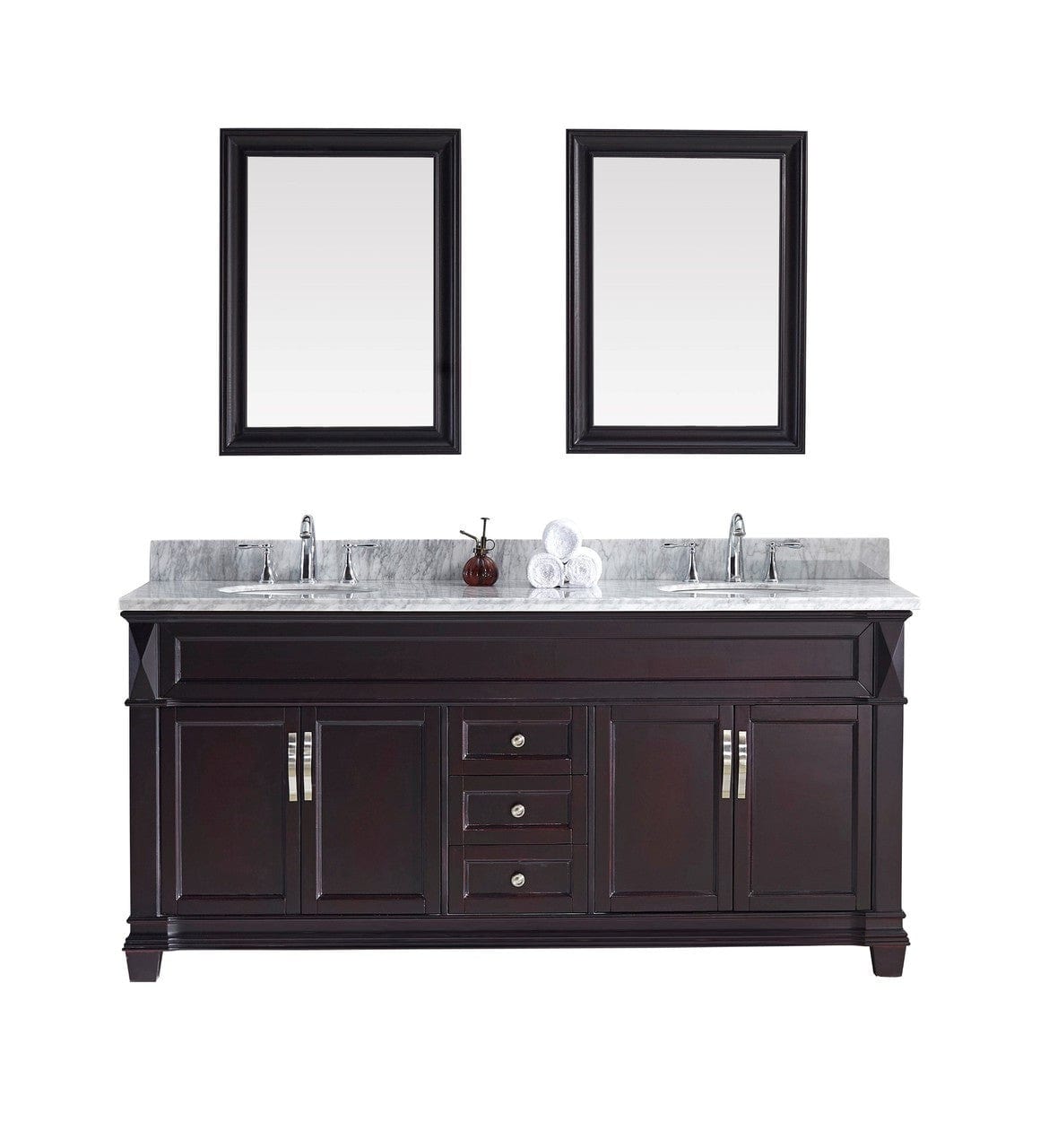 Virtu USA Victoria 72" Double Bathroom Vanity Cabinet Set in Espresso w/ Italian Carrara White Marble Counter-Top, Round Basin