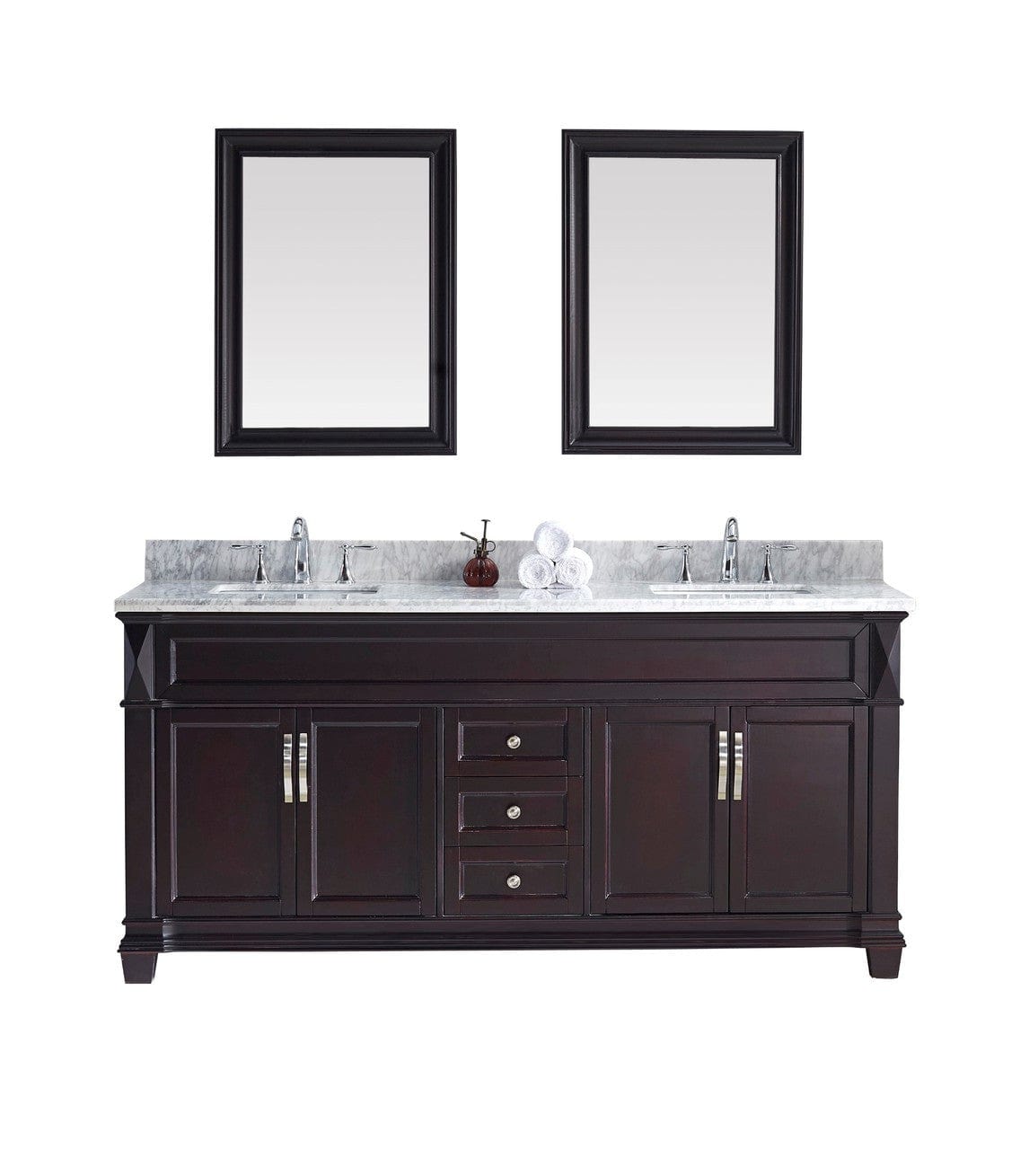 Virtu USA Victoria 72" Double Bathroom Vanity Cabinet Set in Espresso w/ Italian Carrara White Marble Counter-Top