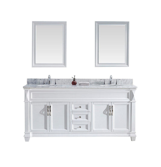 Virtu USA Victoria 72" Double Bathroom Vanity Cabinet Set in White w/ Italian Carrara White Marble Counter-Top, Round Basin
