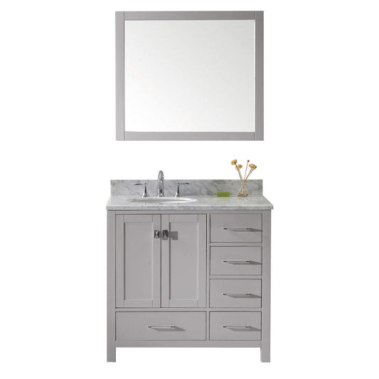 Virtu USA Caroline Avenue 36" Single Bathroom Vanity in Cashmere Grey w/ Marble Top & Round Sink w/ Mirror