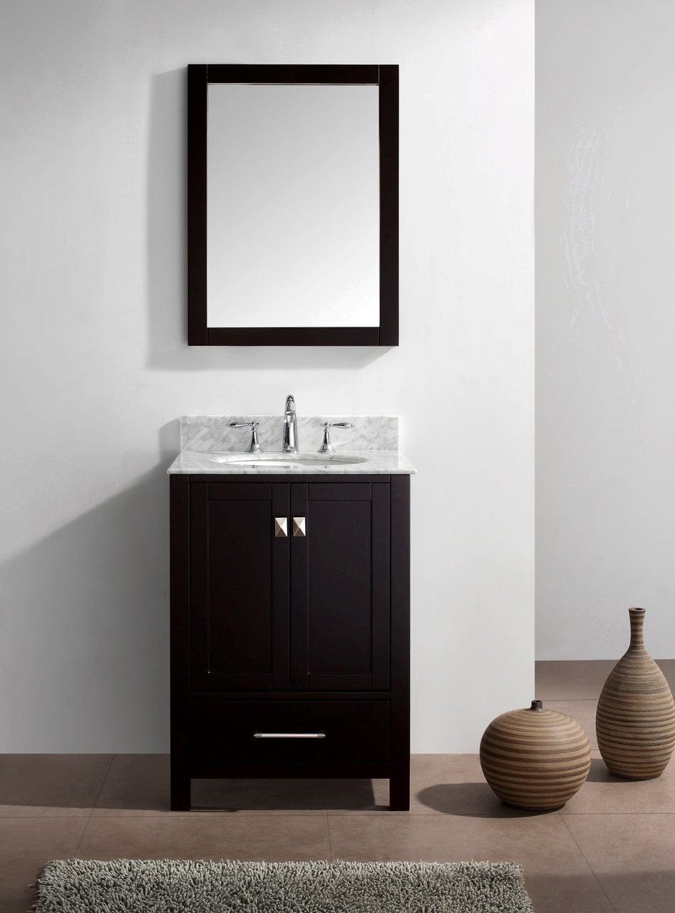 Virtu USA Caroline Avenue 24" Single Bathroom Vanity Cabinet Set in Espresso w/ Italian Carrara Espresso Marble Counter-Top, Round Basin