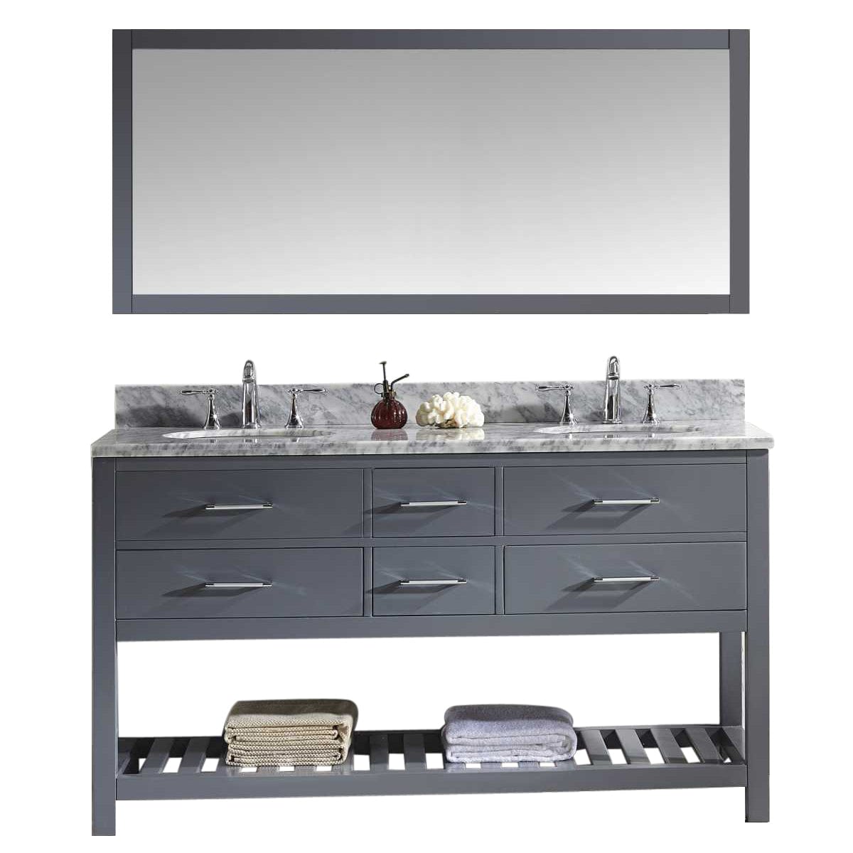 Virtu USA Caroline Estate 60 Double Bathroom Vanity Set in Grey w/ Italian Carrara White Marble Counter-Top |Ê Round Basin