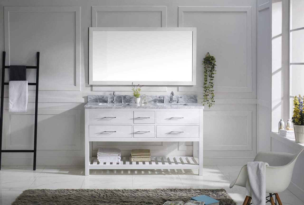 Virtu USA Caroline Estate 60 Double Bathroom Vanity Cabinet Set in White w/ Italian Carrara White Marble Counter-Top | Square Basin