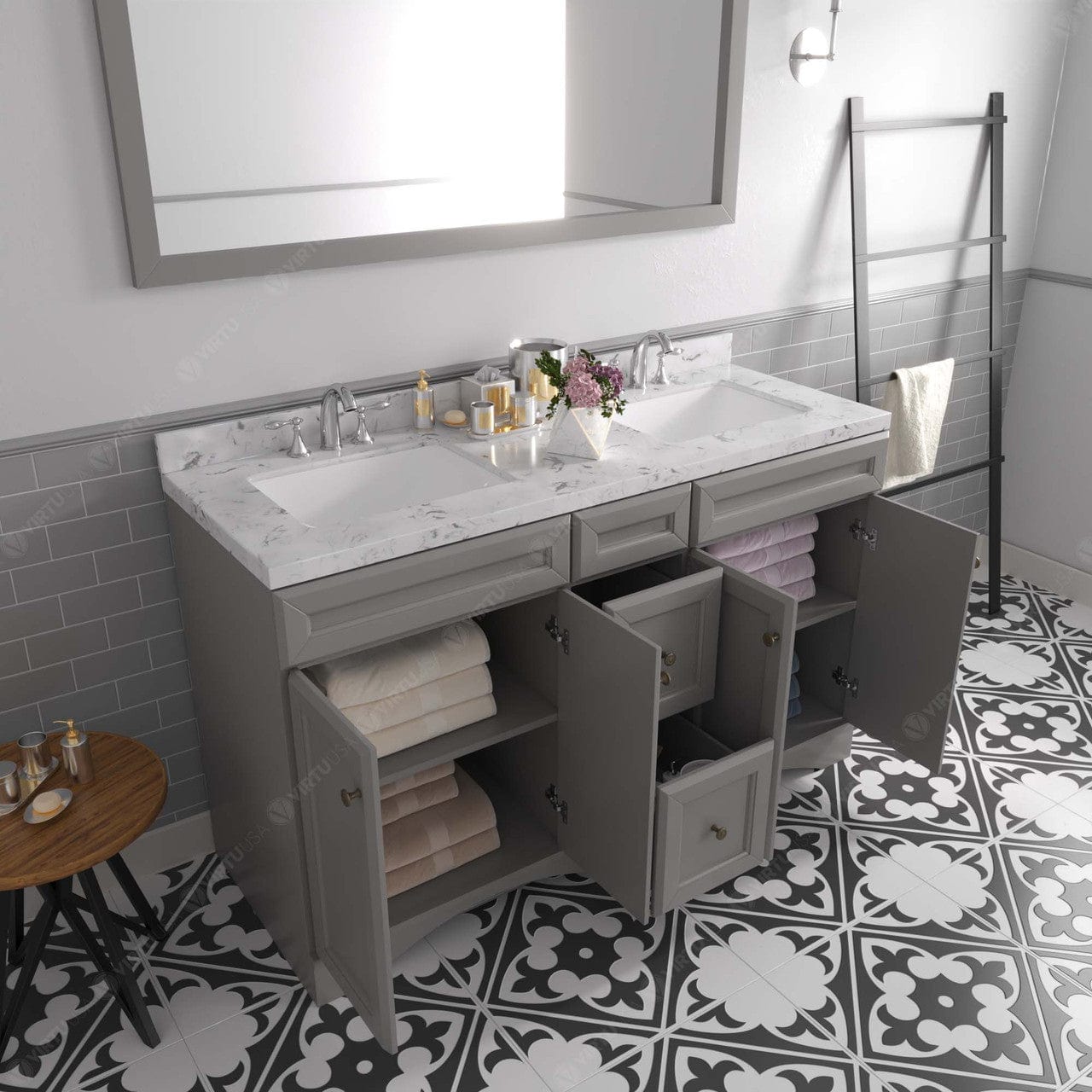Talisa 60" Double Bath Vanity in Gray with Cultured Marble Quartz Top drawers open