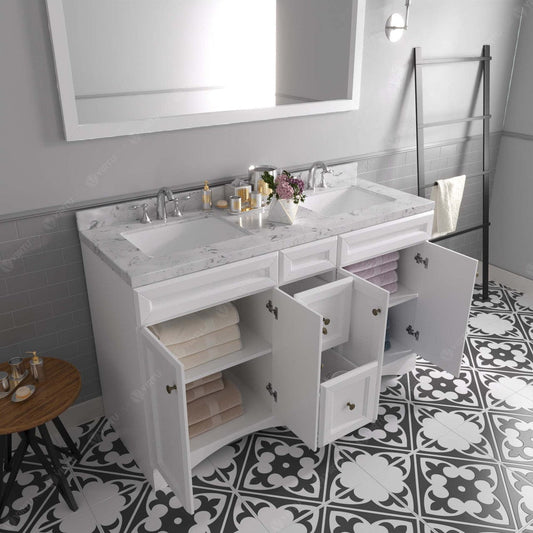 Talisa 60" Double Bath Vanity in White with Cultured Marble Quartz Top drawers open